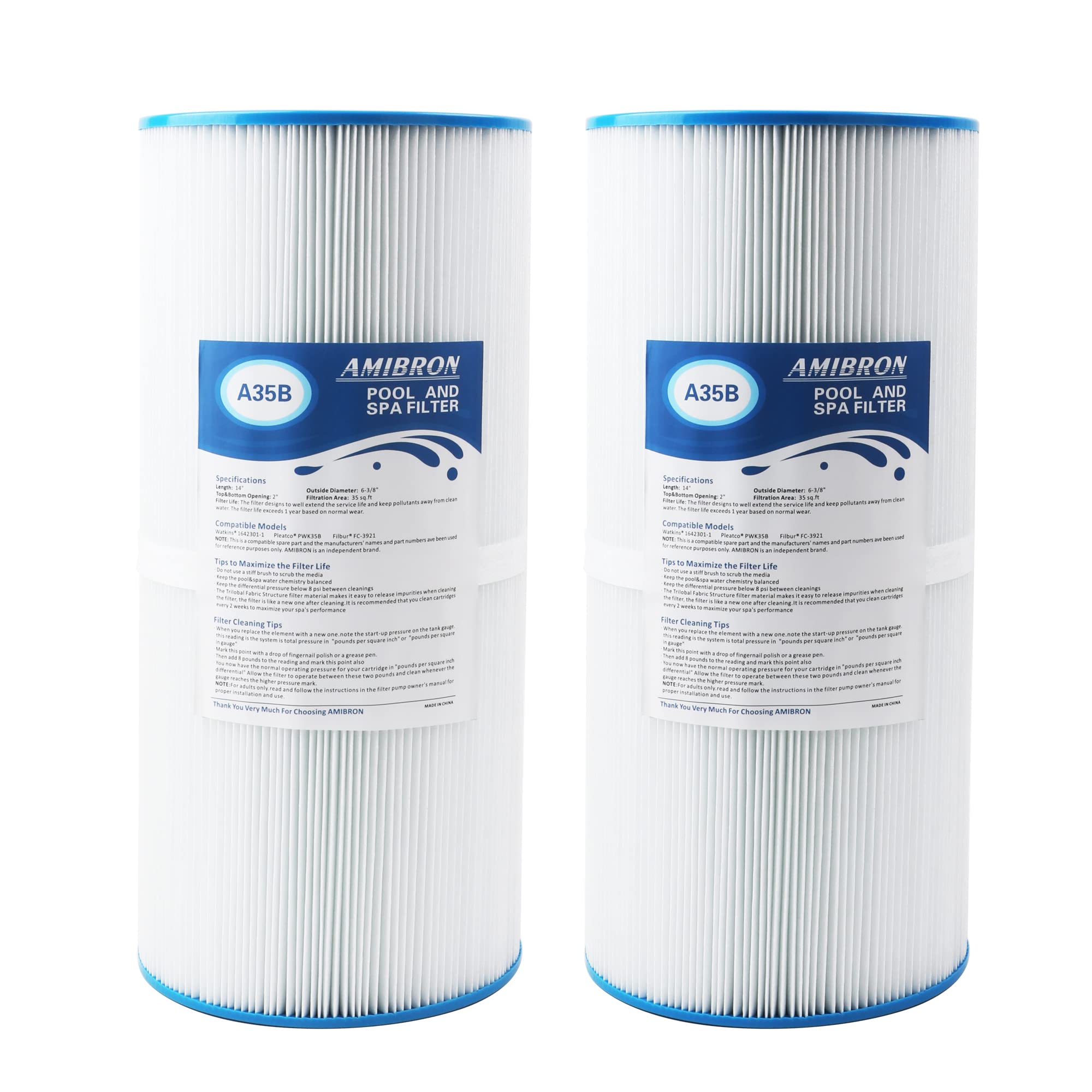 Amibron PWK35B spa filter side view showing compact pleated media for filtration efficiency