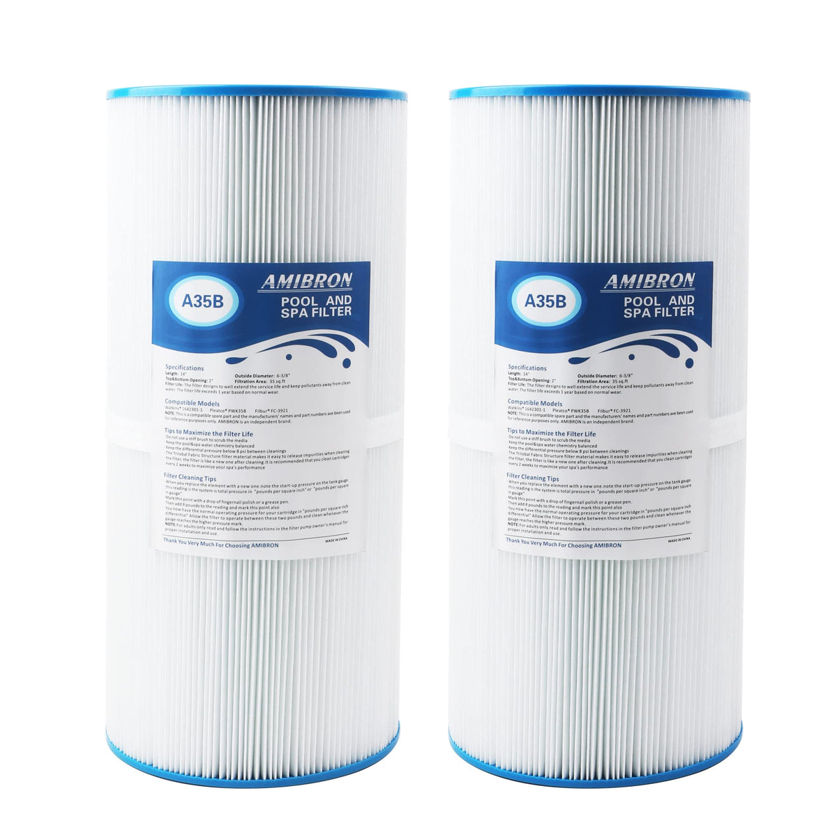 Amibron PWK35B spa filter side view showing compact pleated media for filtration efficiency