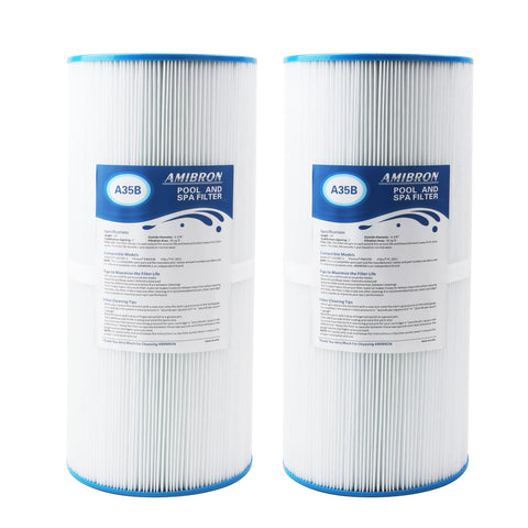 Amibron PWK35B spa filter side view showing compact pleated media for filtration efficiency