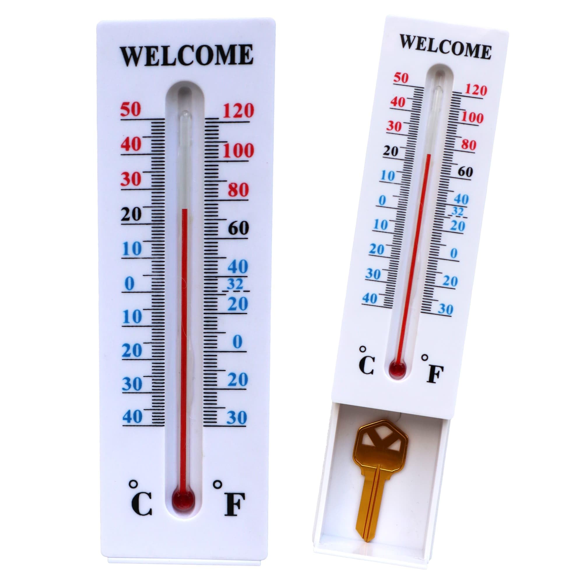 Amikdis thermometer key hider front view, discreet outdoor key storage.