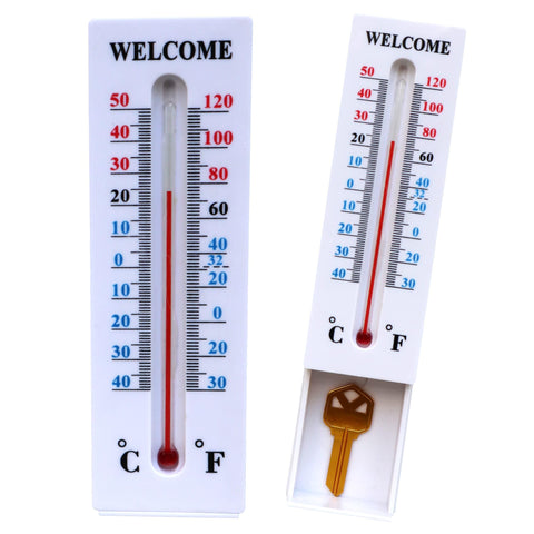 Amikdis thermometer key hider front view, discreet outdoor key storage.