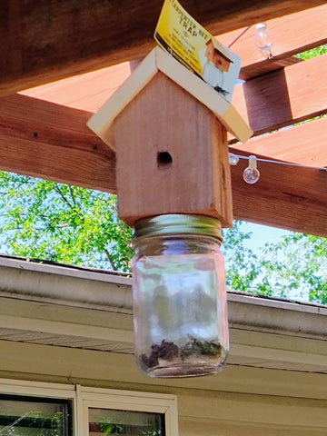Amish-made wood carpenter bee trap closeup craftsmanship.