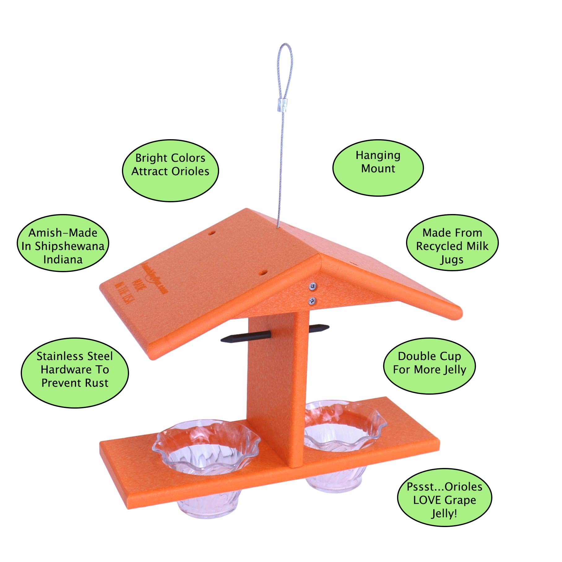 AmishToyBox Oriole feeder fade-resistant poly lumber keeps color year after year.