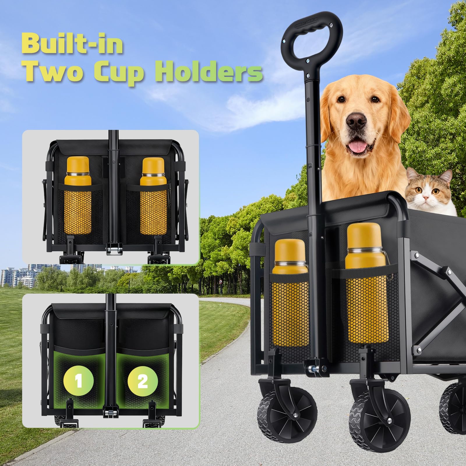 Amkurozo wagon with two drink holders for beverages on the go.