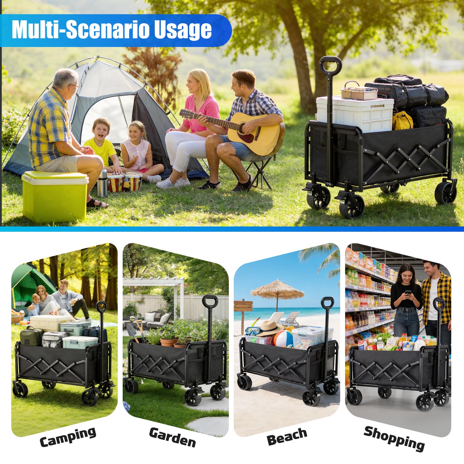 Amkurozo wagon suits camping, shopping, beach days, and garden tasks.
