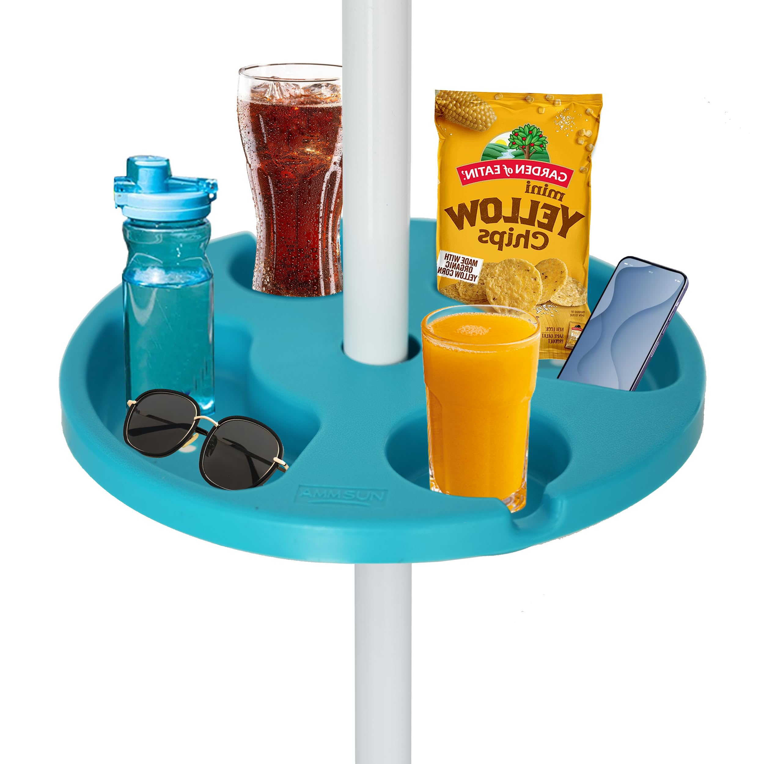 AMMSUN 13-inch teal table tray attached to a beach umbrella for drinks.