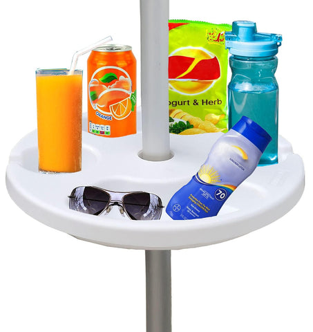 AMMSUN 13-inch umbrella table with cup holders keeps drinks stable at the beach.