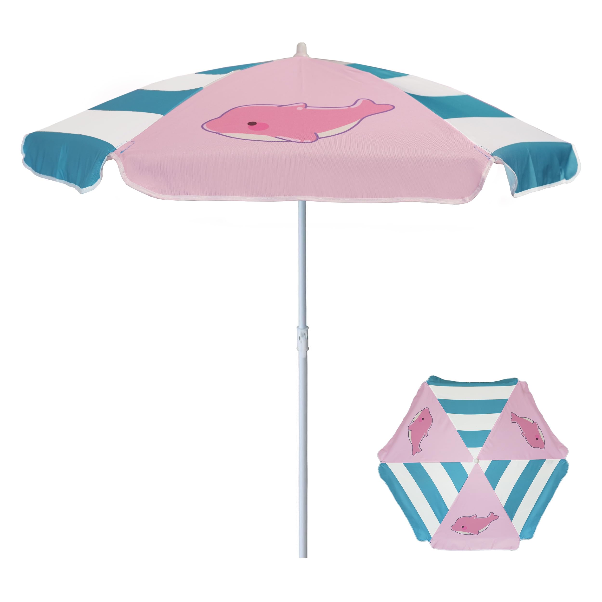 AMMSUN 5ft seaside umbrella over a sand table provides shade for outdoor play.