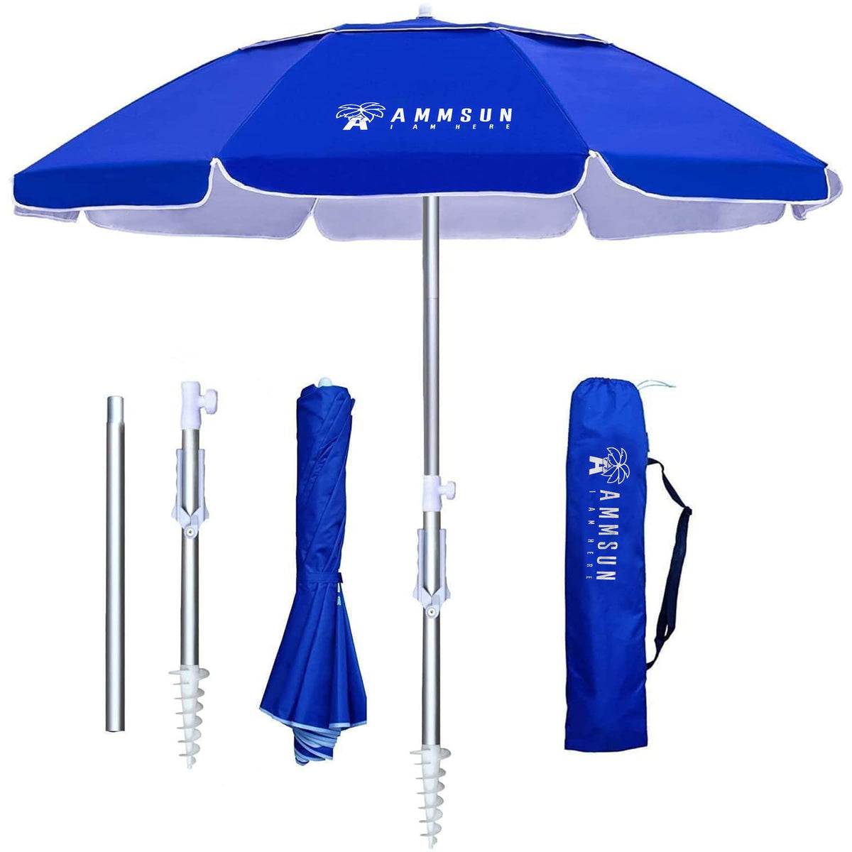 AMMSUN 6.5ft beach umbrella with sand anchor for stability on windy shores.