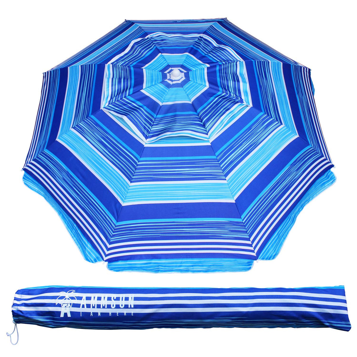 AMMSUN 6.5 ft beach umbrella with tilt shading a sandy area for versatile protection