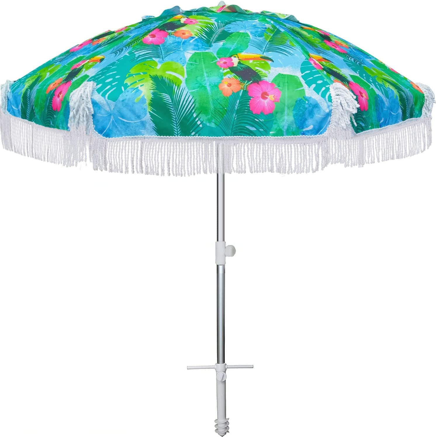 AMMSUN 6.5ft windproof umbrella with sand anchor providing stable beach shade.