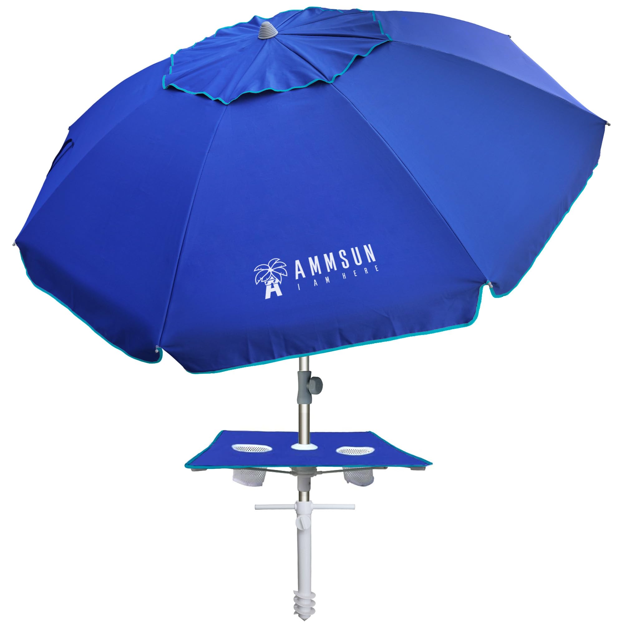 AMMSUN 7ft beach umbrella with sand anchor stabilizes on windy sand.