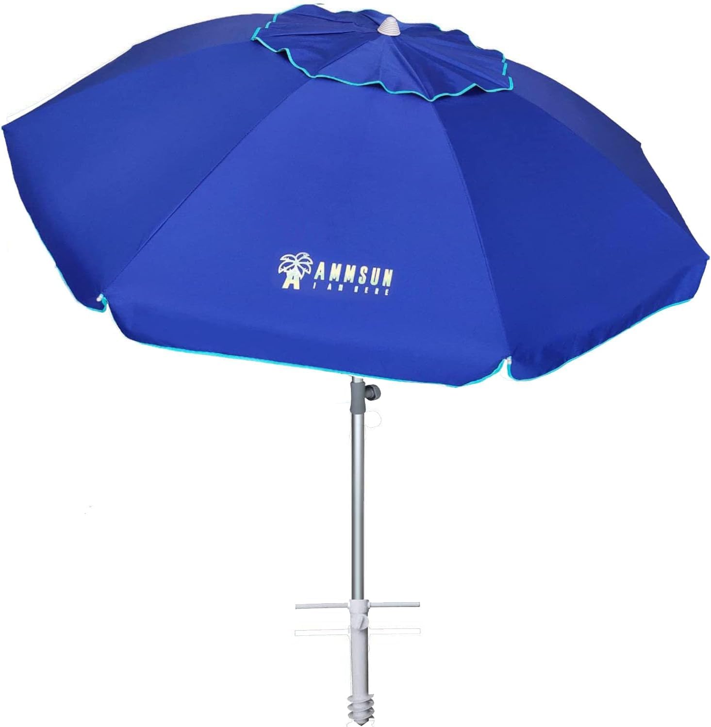 AMMSUN 7ft beach umbrella with sand anchor stabilizes shade on windy sand.