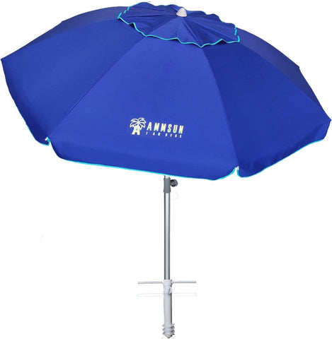 AMMSUN 7ft beach umbrella with sand anchor stabilizes shade on windy sand.