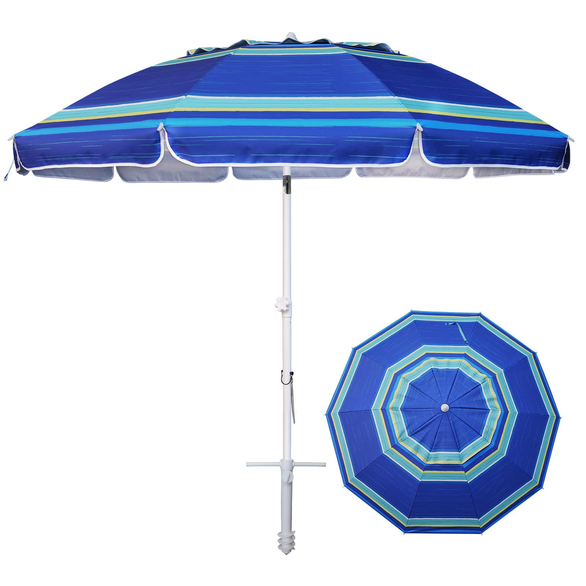 AMMSUN 8ft beach umbrella with sand anchor provides stable shade on windy beaches.