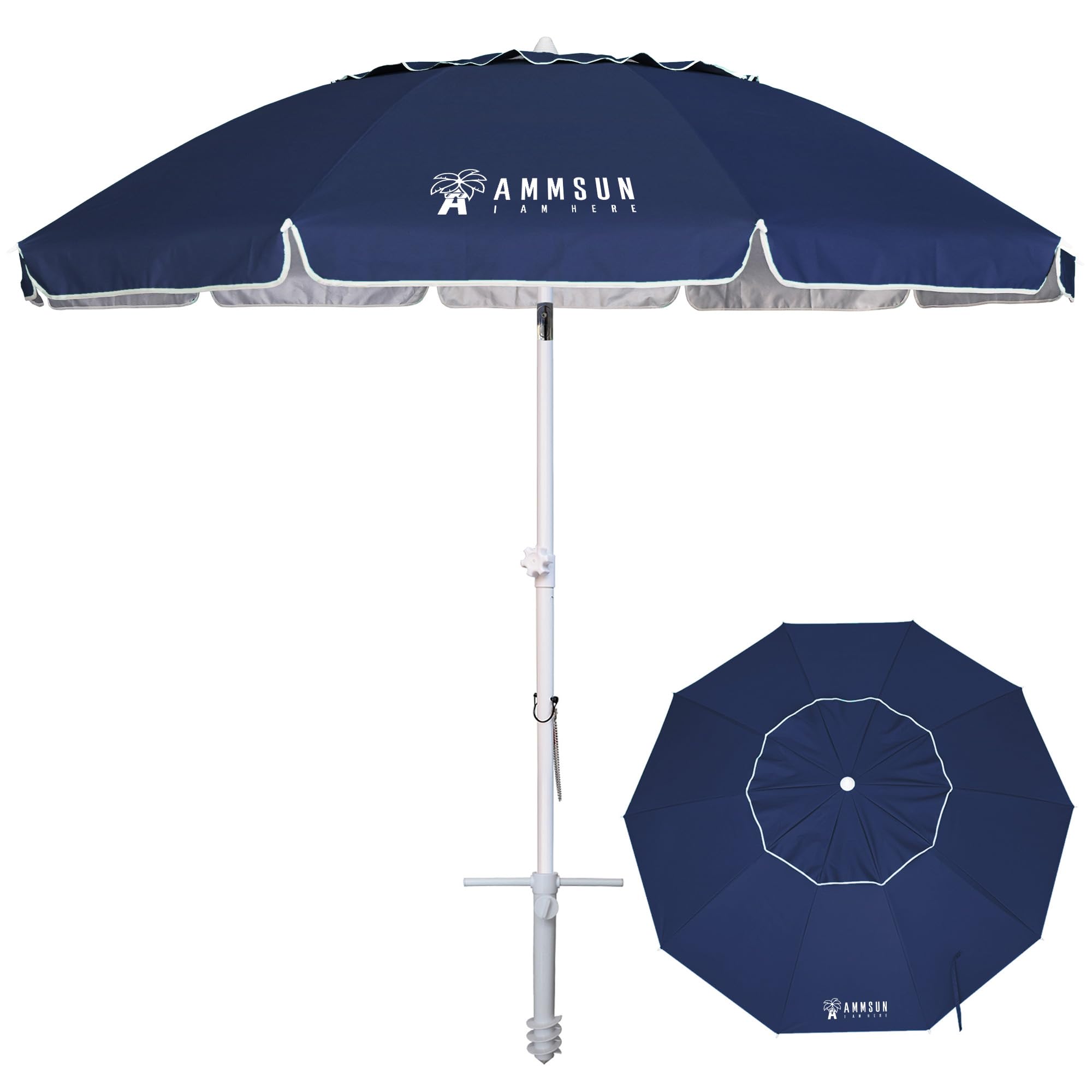 AMMSUN 8ft beach umbrella with sand anchor offers stable shade on windy beaches.