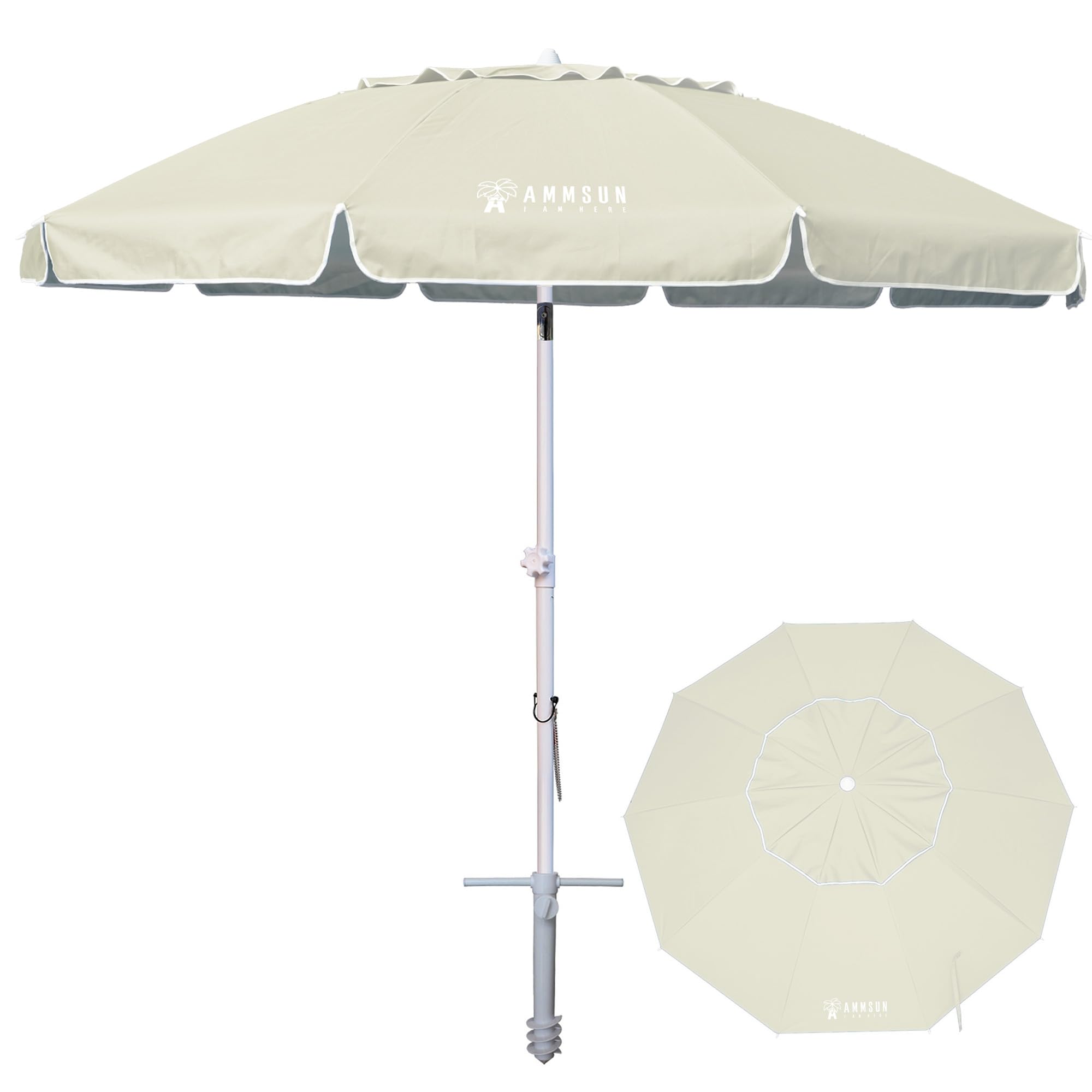 AMMSUN 8ft beach umbrella with sand anchor provides stable shade at the shore.