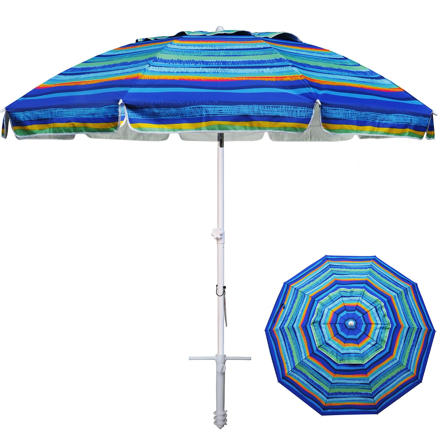 AMMSUN 8ft beach umbrella with sand anchor provides stable shade on windy beaches.