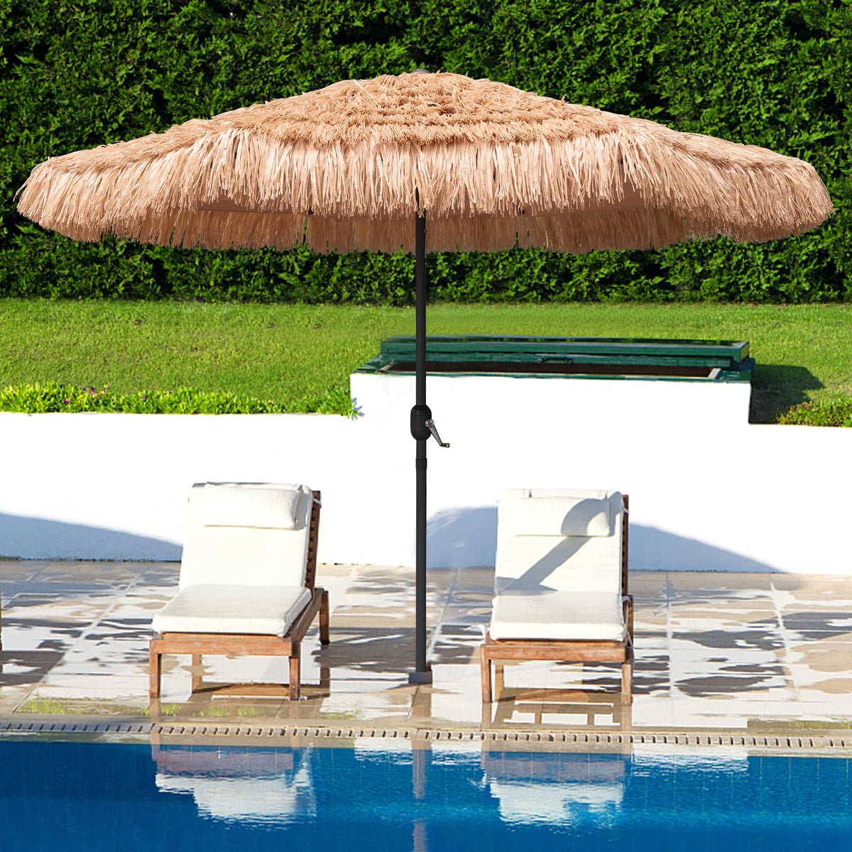 AMMSUN 9ft Hula Thatched Umbrella canopy shading a sunny outdoor space for gatherings