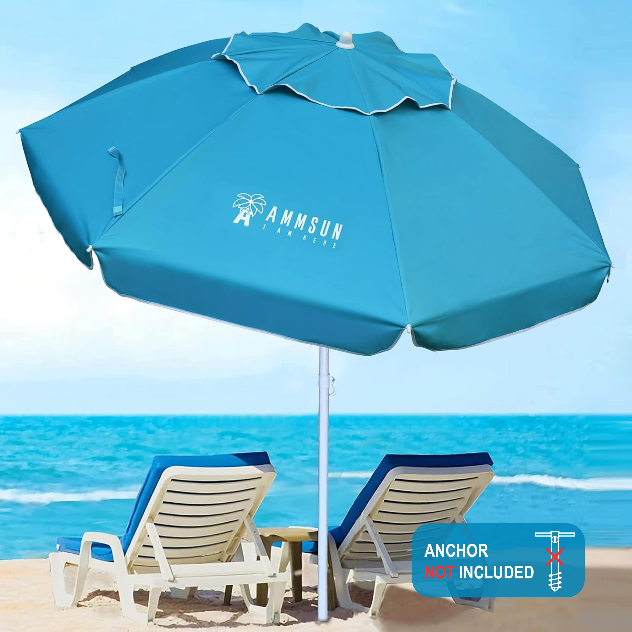 AMMSUN beach umbrella with air vent design to improve wind stability.
