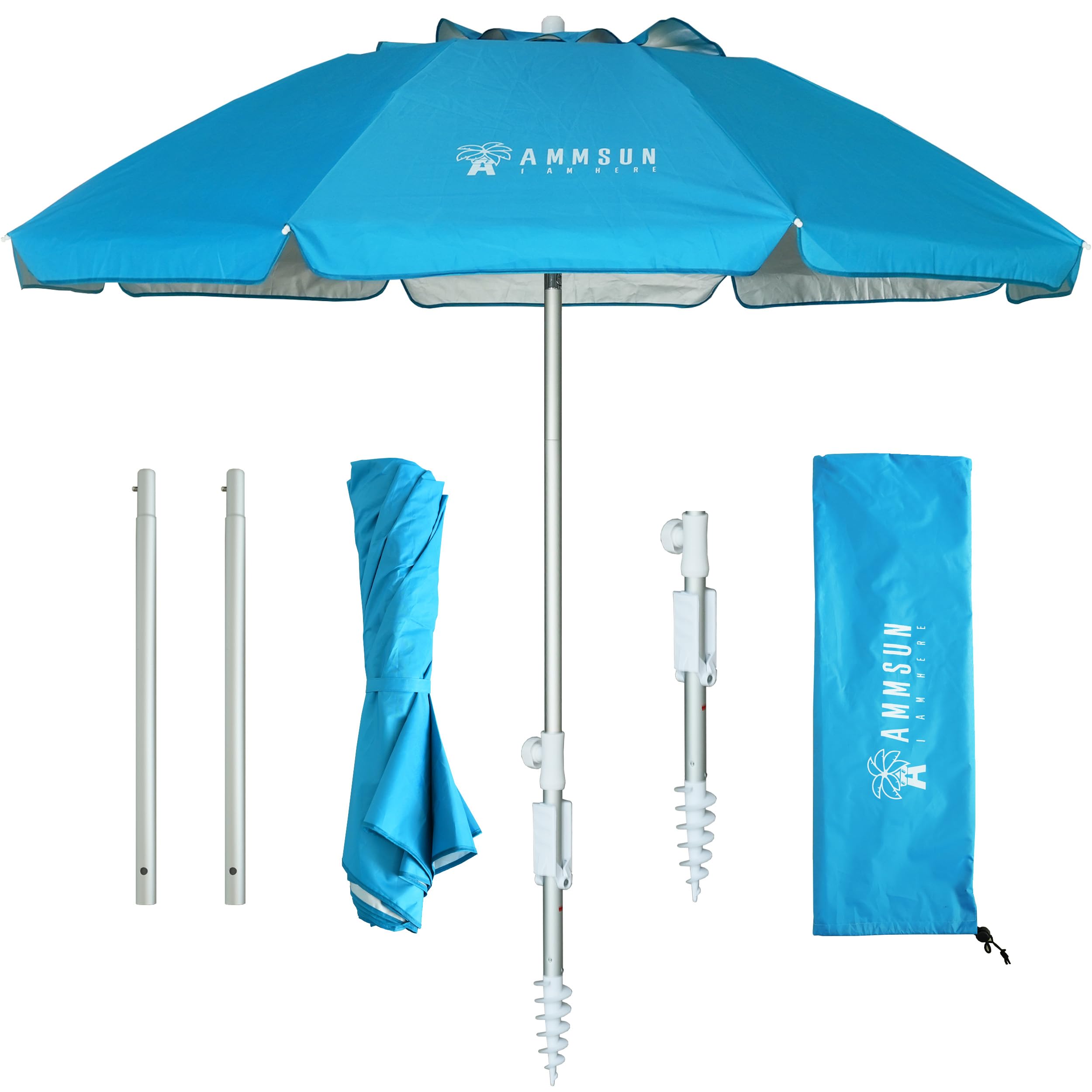 AMMSUN beach umbrella folded with sand anchor for easy sandy setup.