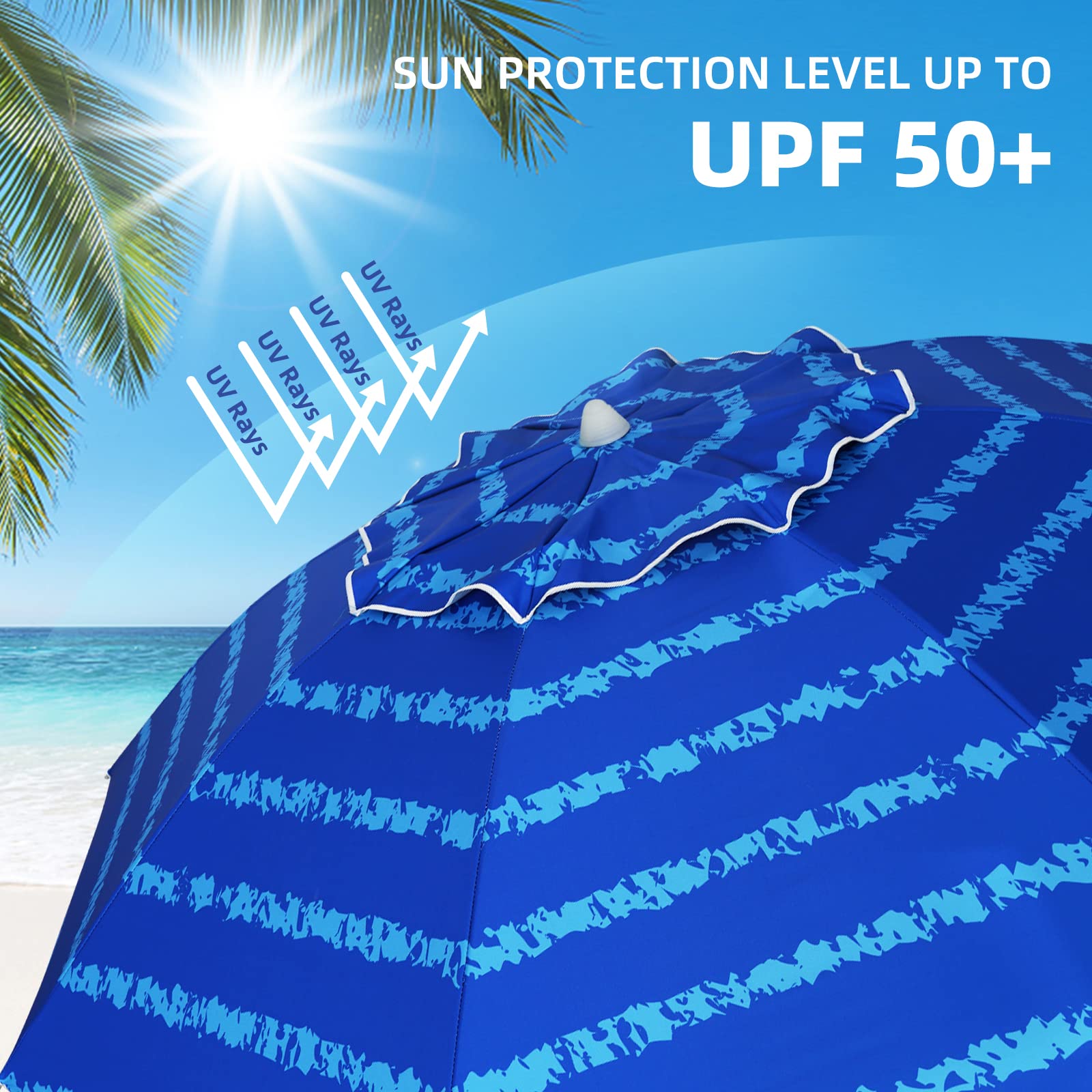 AMMSUN beach umbrella height-adjustable pole for different seating heights.