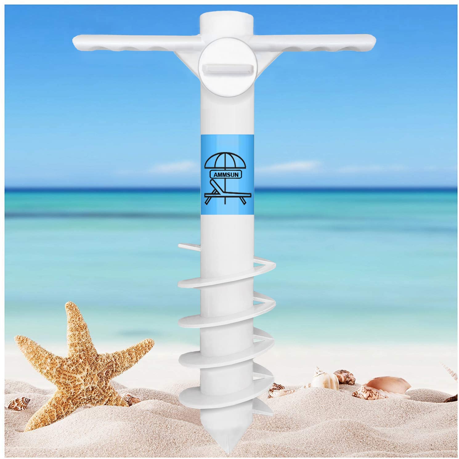 AMMSUN Beach Umbrella Sand Anchor with 5-Spiral design stabilizing in wind