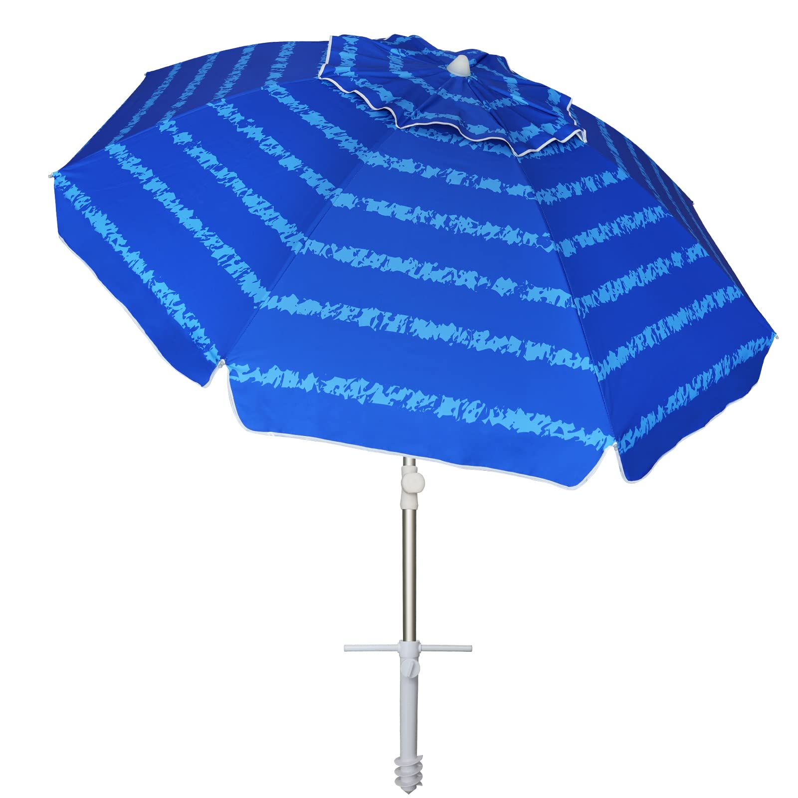 AMMSUN beach umbrella with sand anchor for stable setup on the sand.