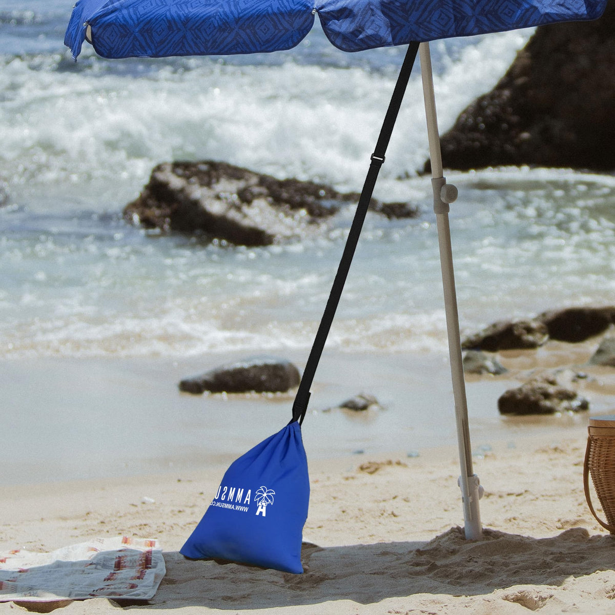 AMMSUN beach umbrella sand bag anchor stabilizes shade against gusts.