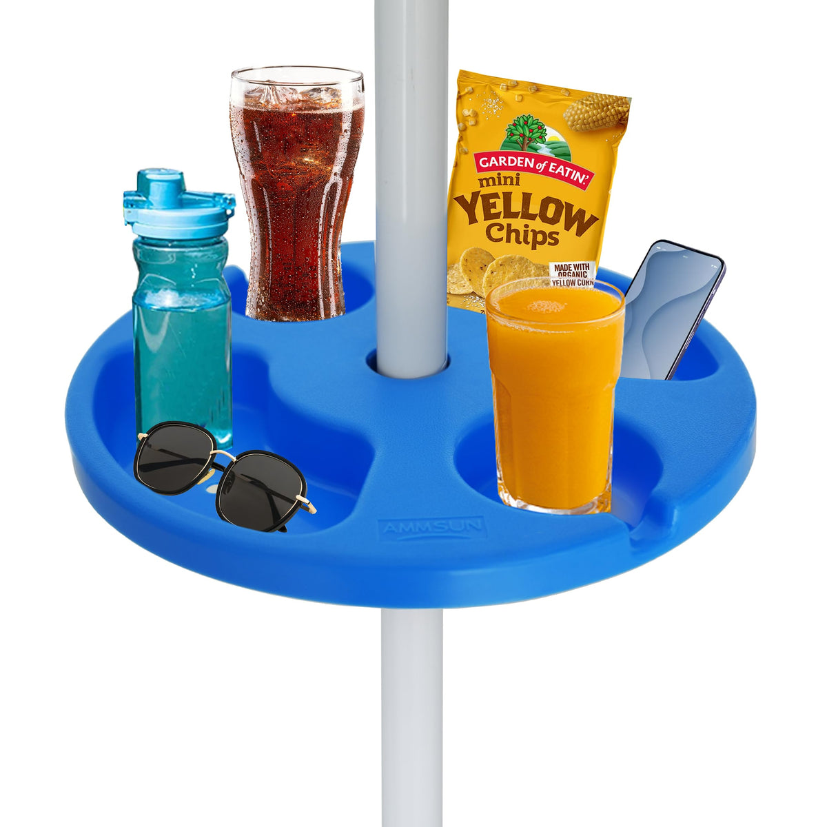 AMMSUN 13-inch beach umbrella table tray for snacks and drinks at the beach.