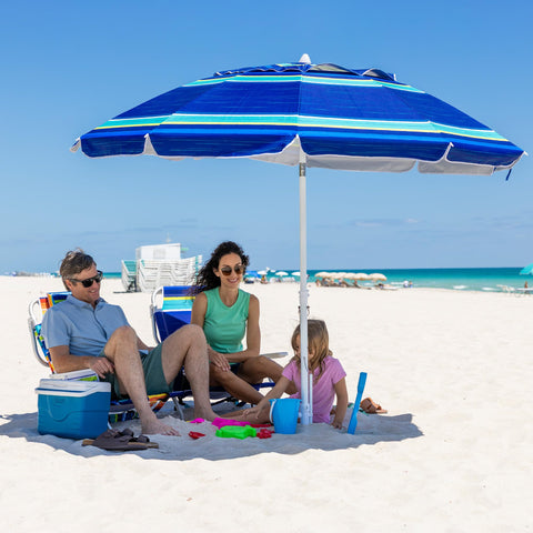AMMSUN beach umbrella tilt mechanism enables quick sun-angle adjustments.