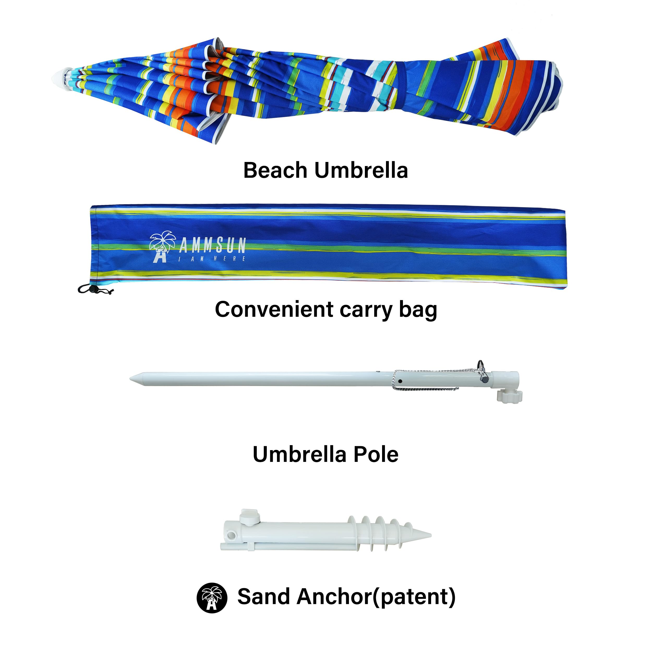 AMMSUN beach umbrella offers UPF50+ protection to minimize sun exposure.