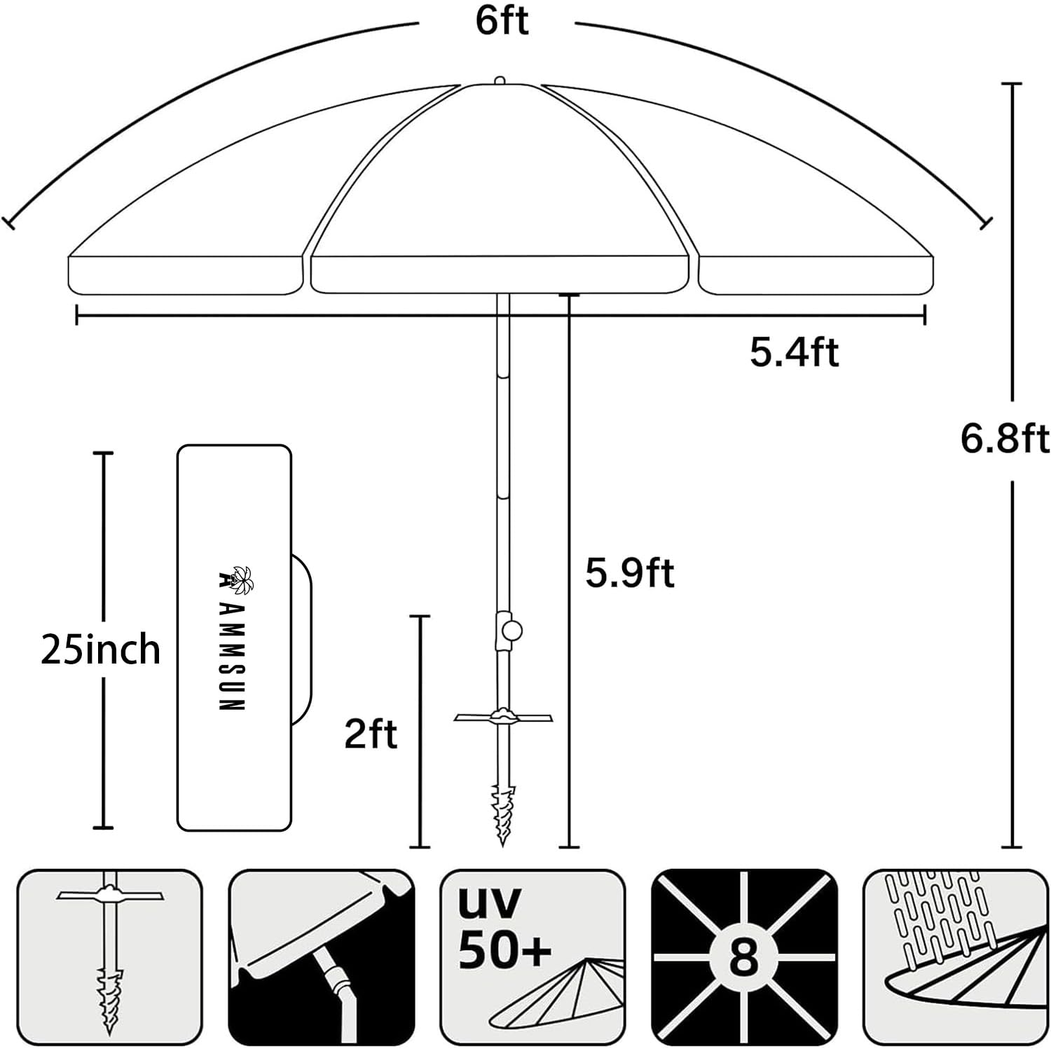 AMMSUN four-section aluminum pole offers sturdy support and easy height adjustment.