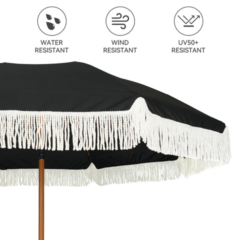 AMMSUN fringe umbrella push-button-tilt enables flexible shade as sun moves