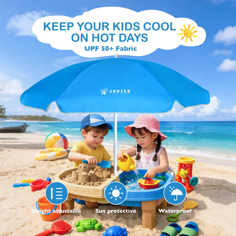 AMMSUN kids umbrella in use beside table offers safe, easy shade during outdoor play.