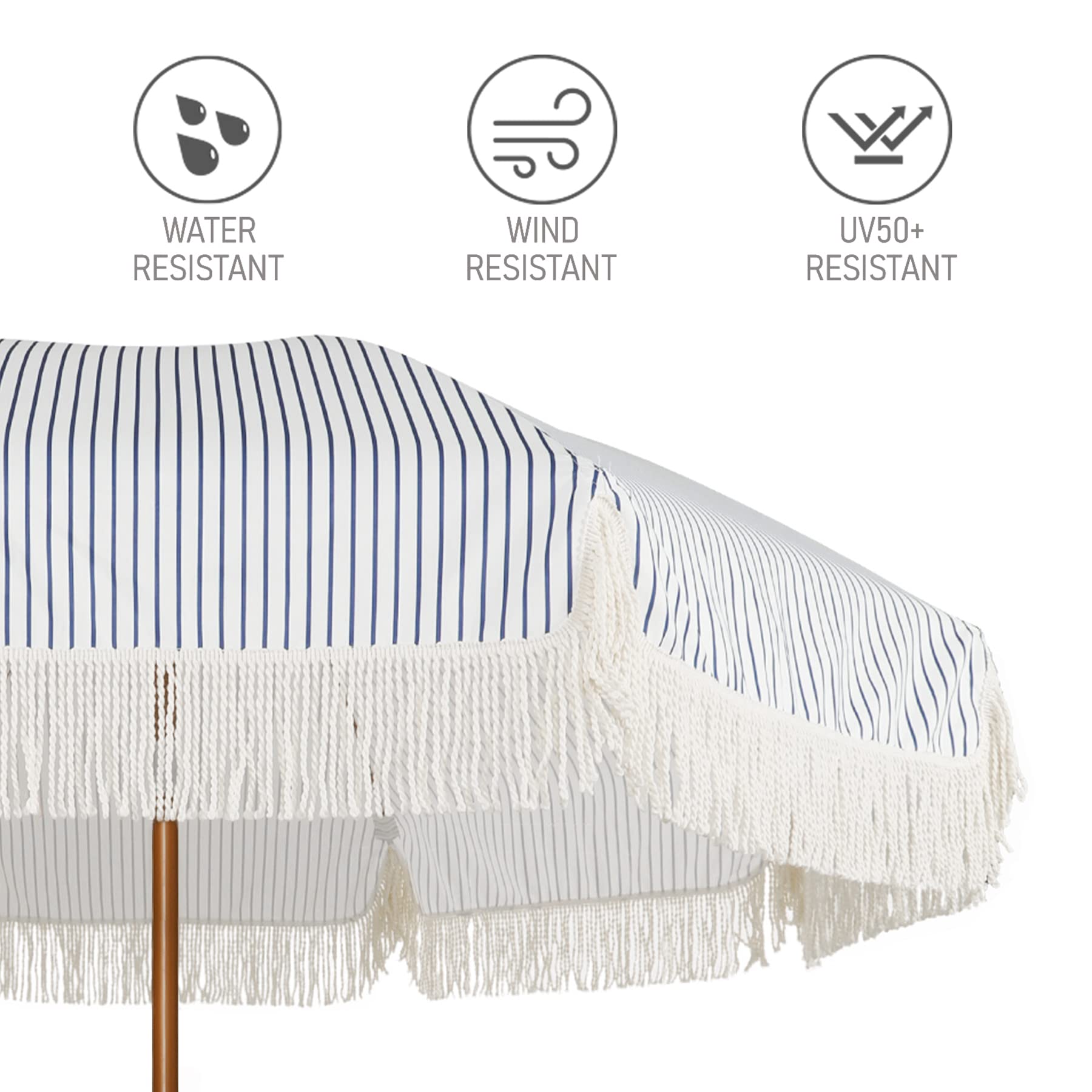 AMMSUN navy canopy close-up showing tassel fringe accent.