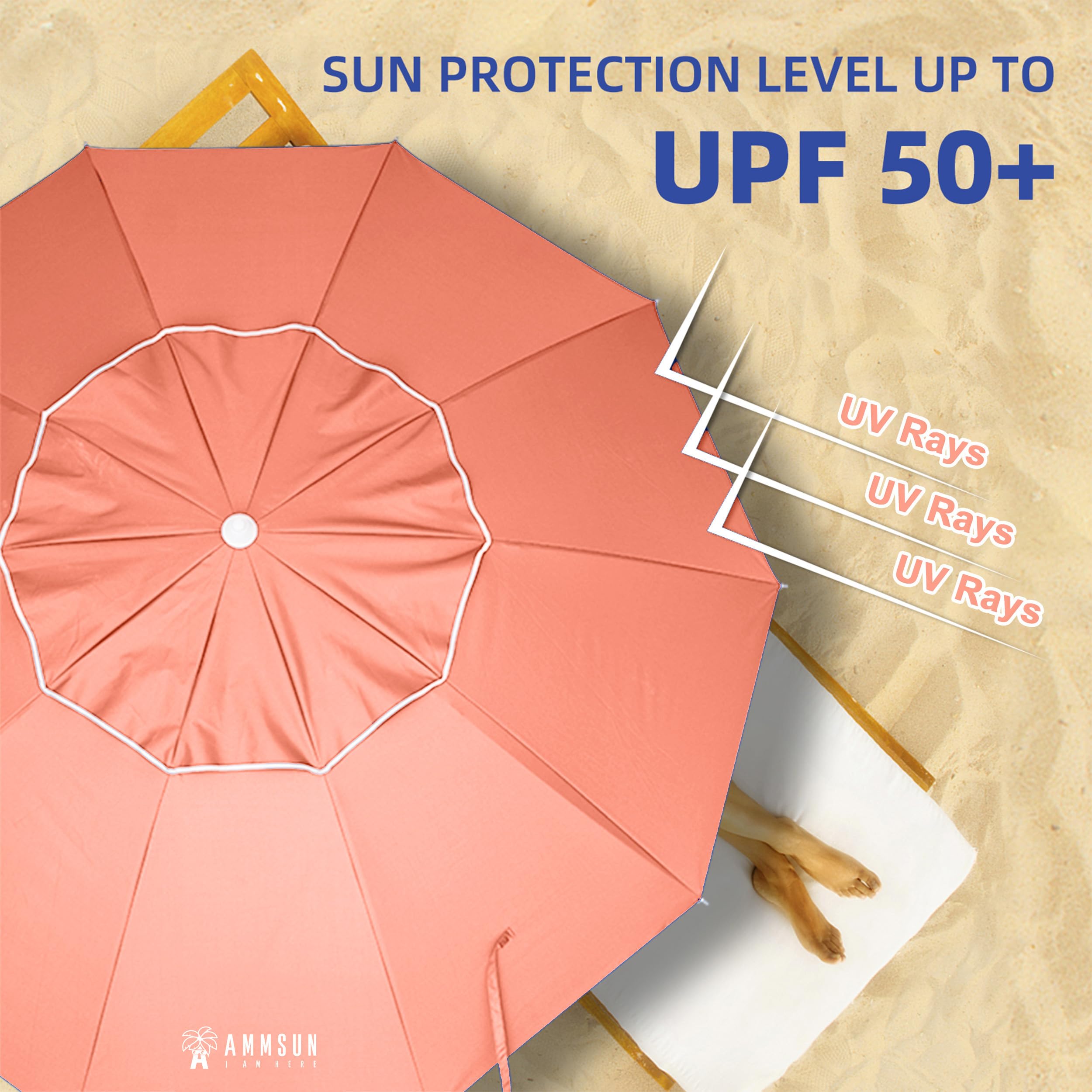 AMMSUN beach umbrella push-button tilt for easy shade adjustment.