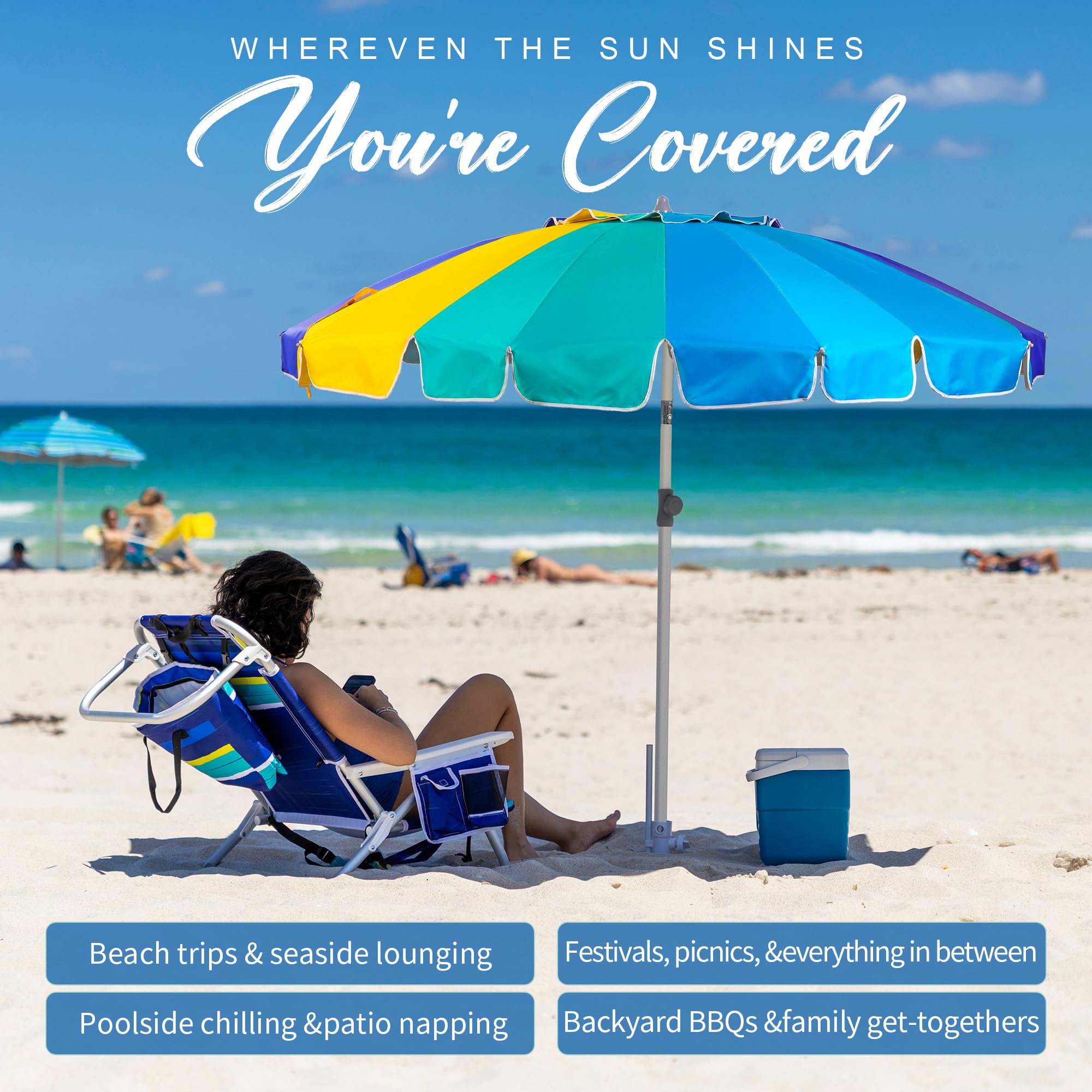 AMMSUN sand anchor accessory secures the umbrella on sandy surfaces for windy protection.