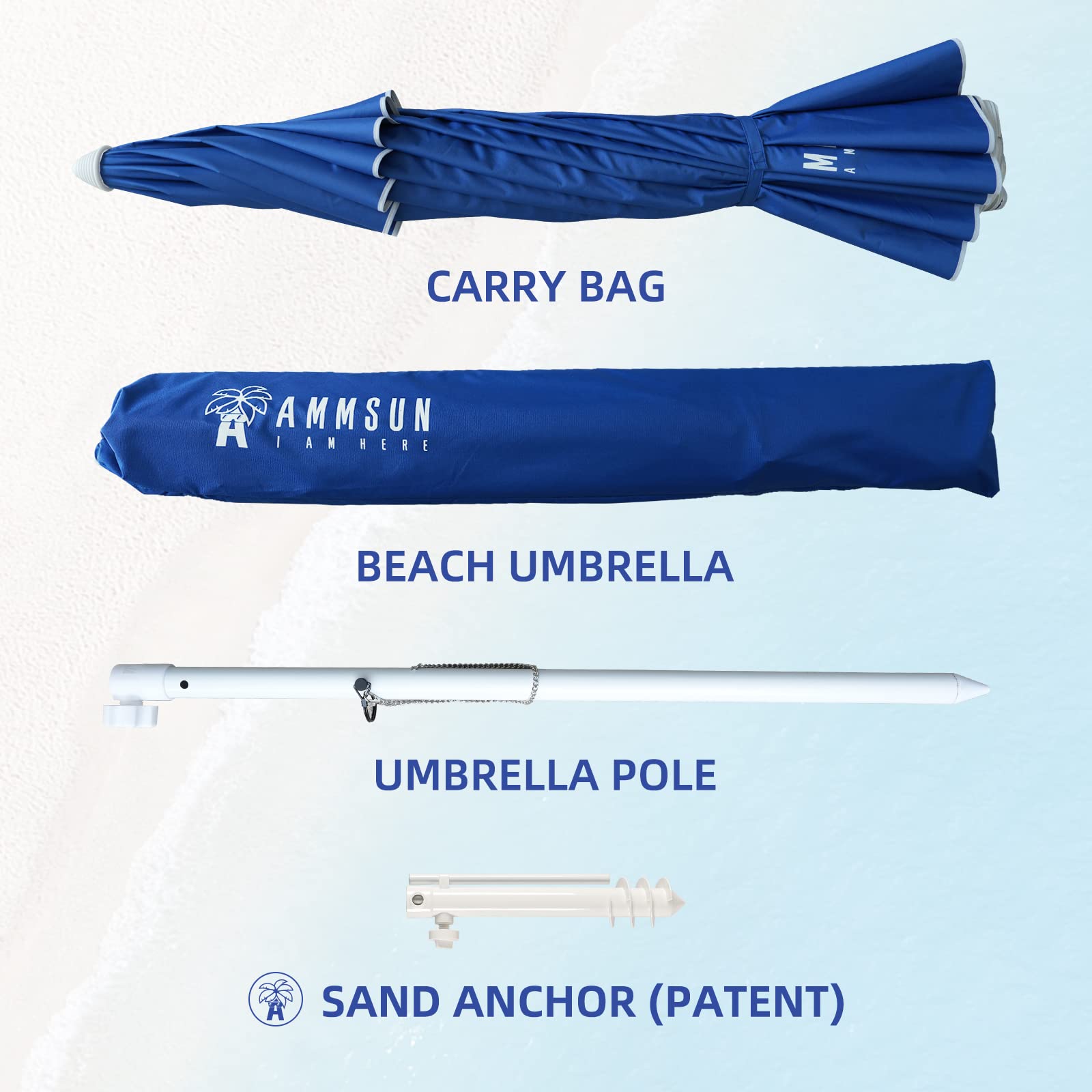 AMMSUN sand anchor keeps the umbrella grounded on soft sand.