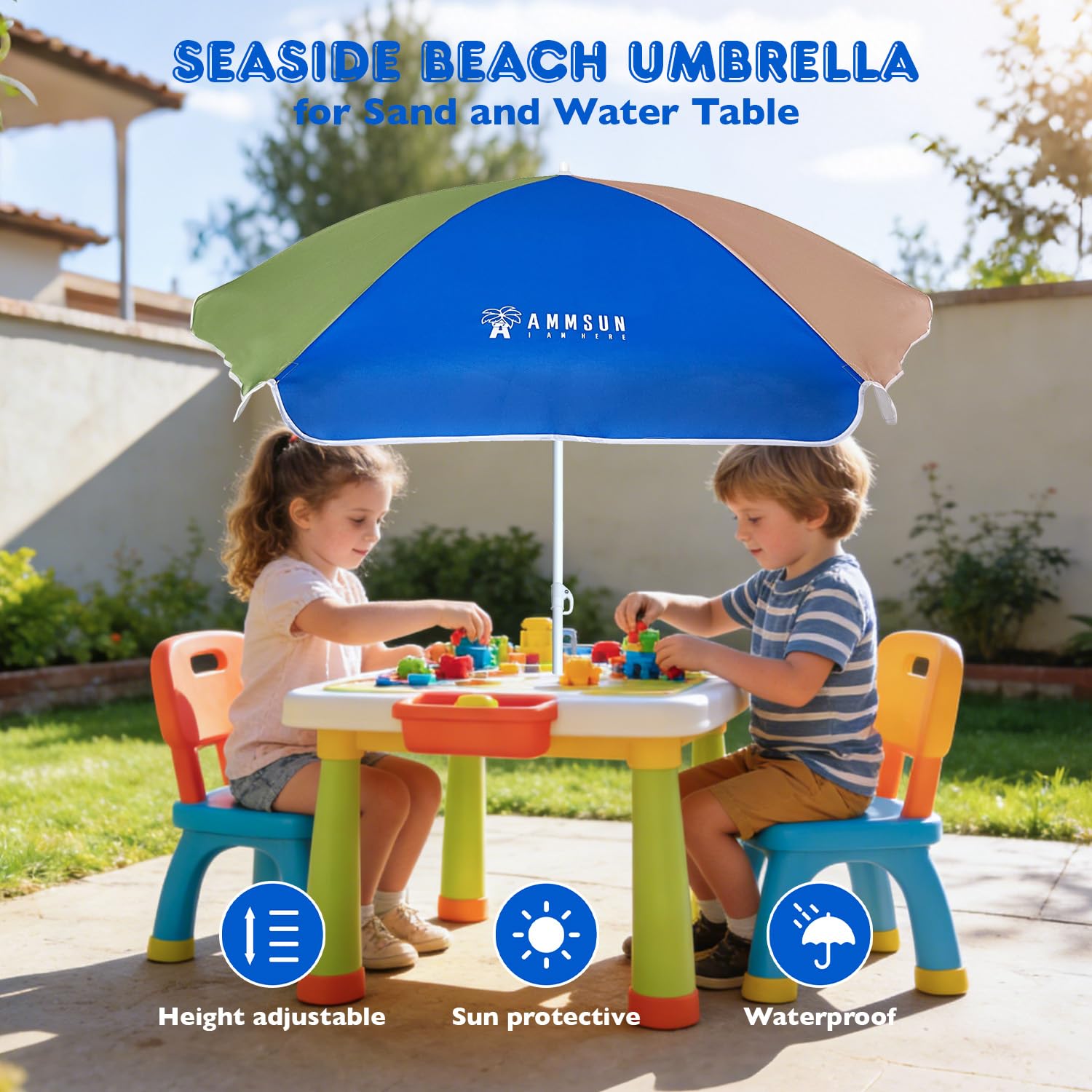 AMMSUN Seaside Beach Umbrella push-button setup enabled for quick use by kids