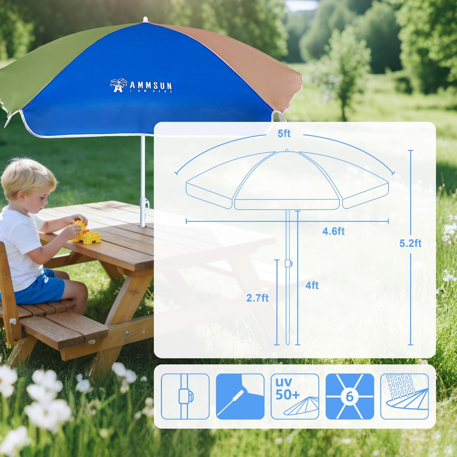 AMMSUN six rib frame delivers wind resistance while shaded play area