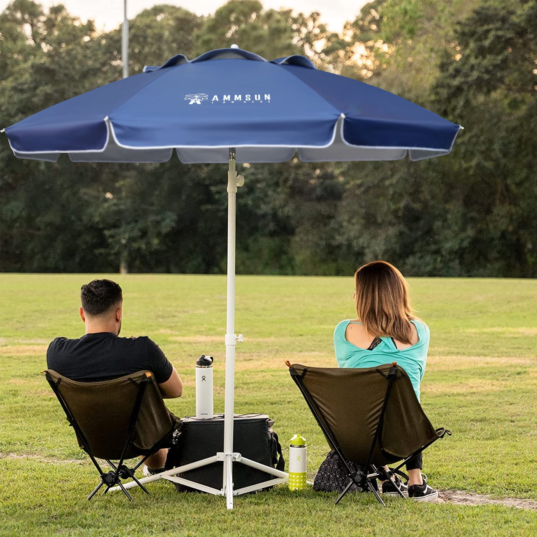 AMMSUN Shade Umbrella base shows a sturdy steel tripod for stable setup on grass or pavement.