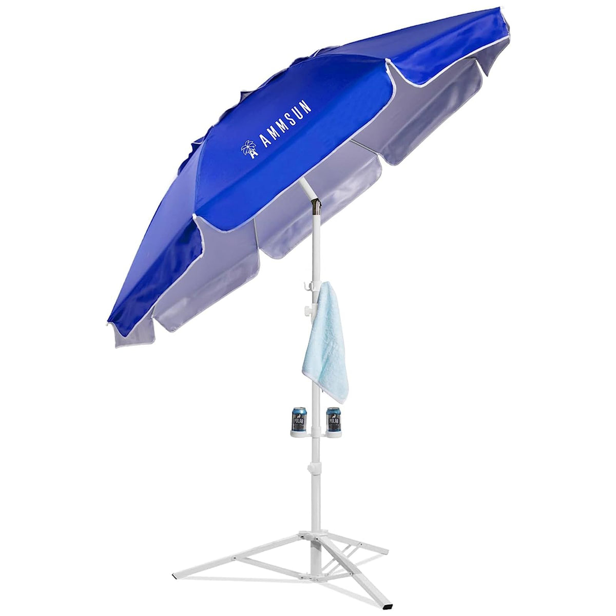 AMMSUN Shade Umbrella top view highlights the blue canopy and compact carry bag for quick outdoor setups.