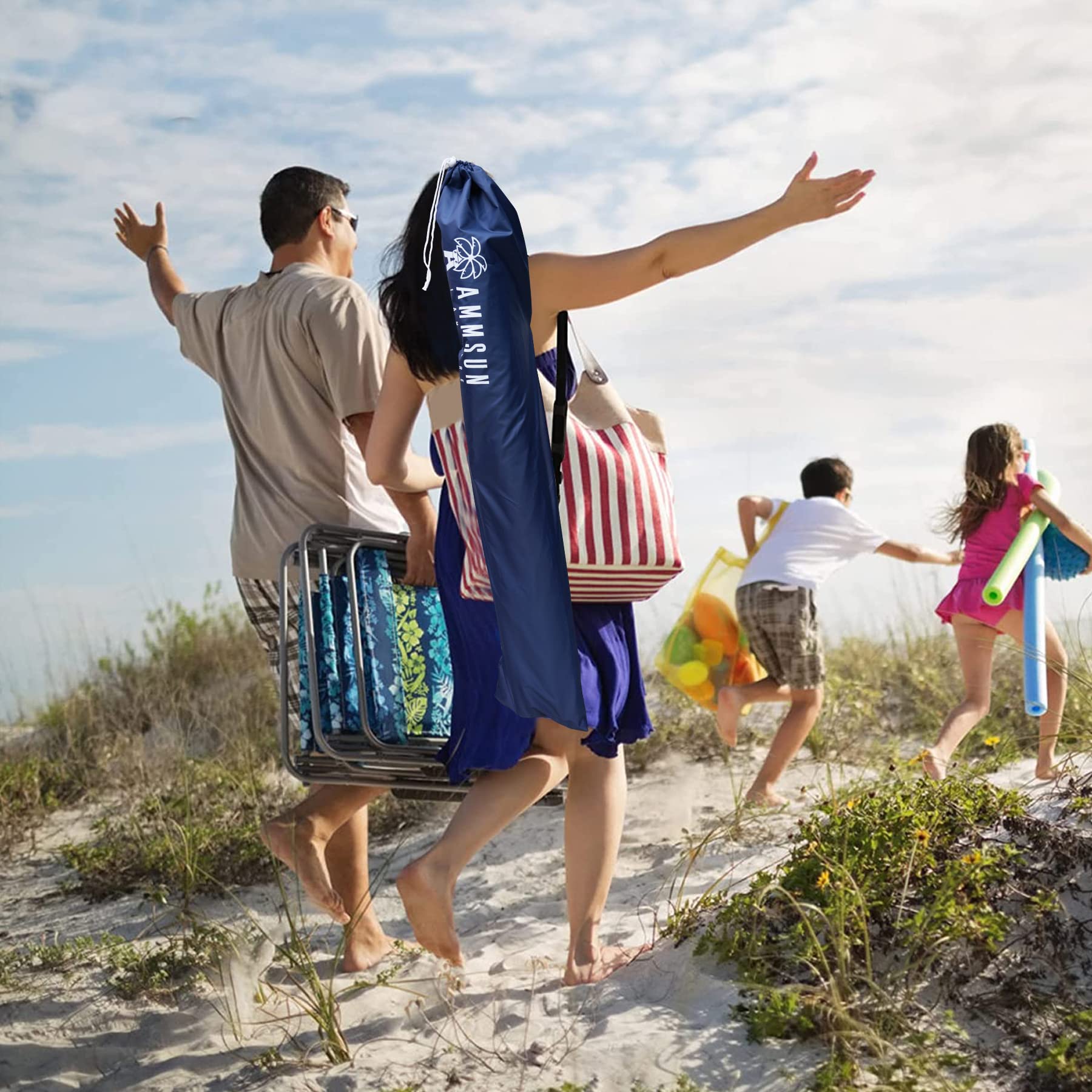 AMMSUN Shade Umbrella ground stakes secure setup on uneven terrain for windy days.