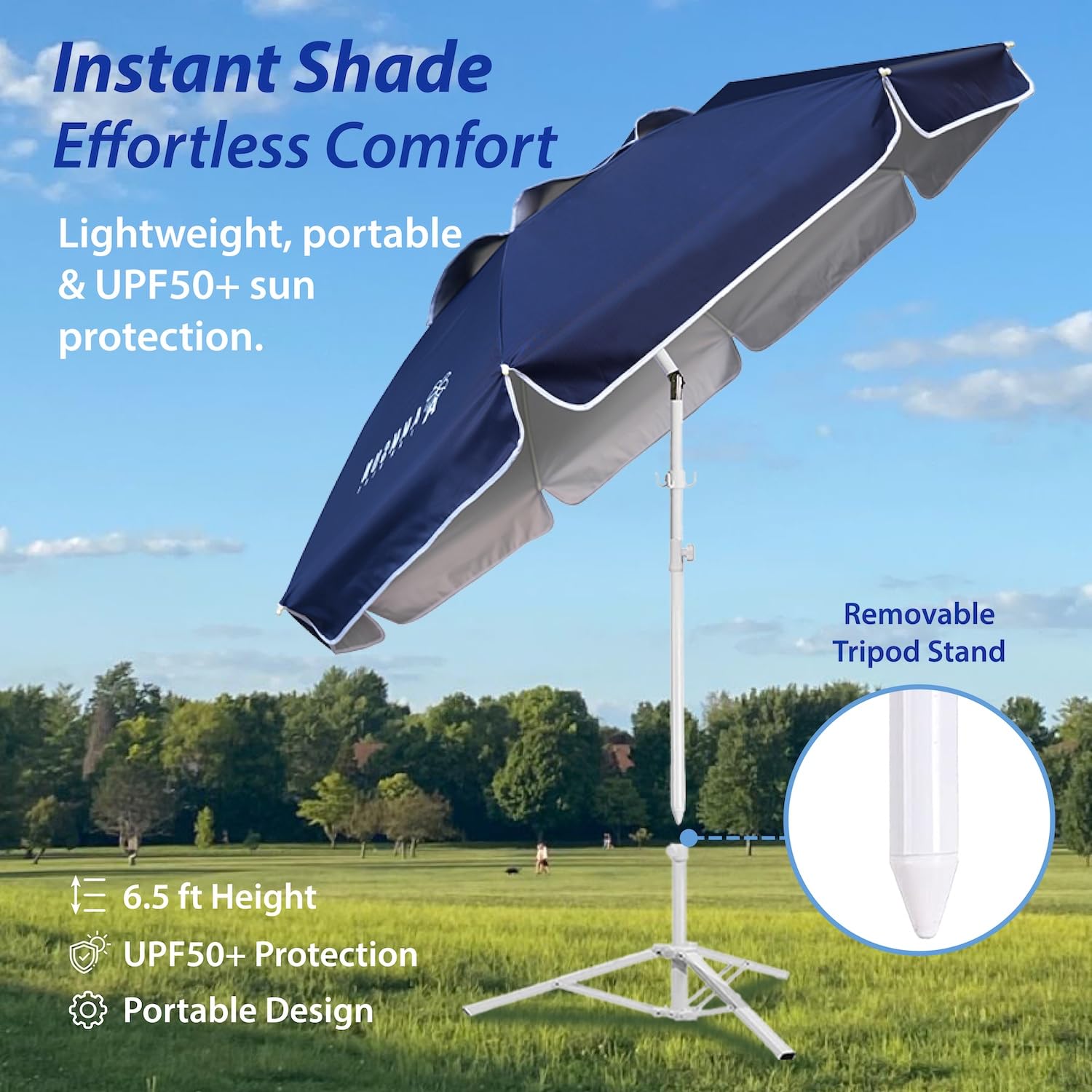 AMMSUN Shade Umbrella middle pole demonstrates height adjustable support for standing or reclining use.