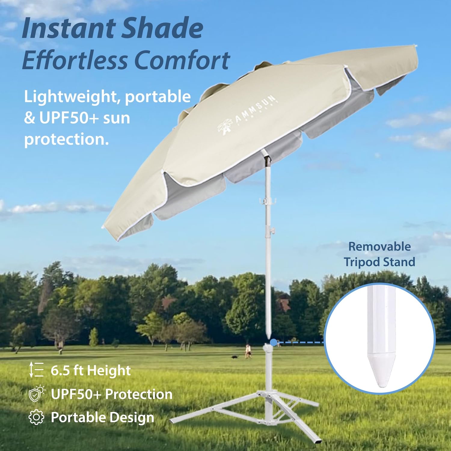 AMMSUN shade umbrella pole height adjustment enables standing or reclining shade.