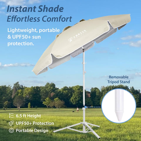 AMMSUN shade umbrella pole height adjustment enables standing or reclining shade.