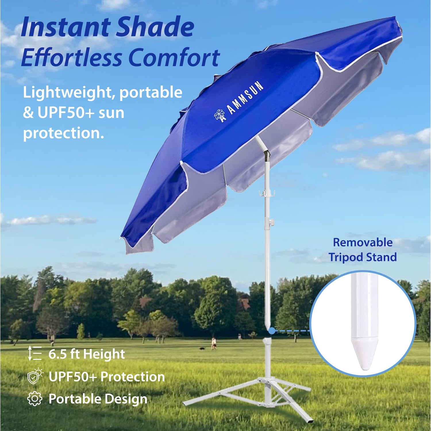 AMMSUN Shade Umbrella steel tripod base provides sturdy freestanding support.