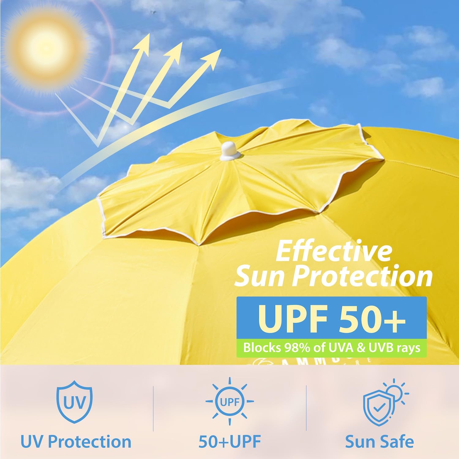 AMMSUN Shade Umbrella includes two cup holders for drinks in shade.