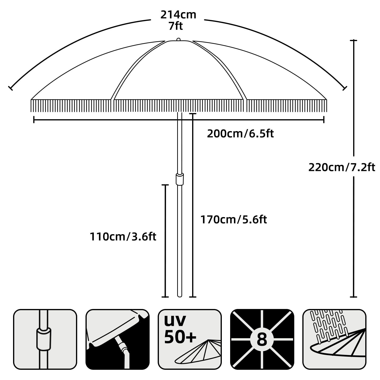 AMMSUN sturdy steel pole and eight ribs for strong outdoor support.